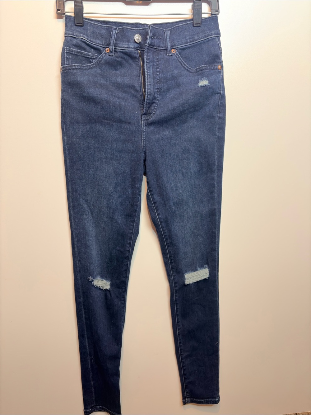 Express Dark Blue Skinny Jeans with Knee Distressing